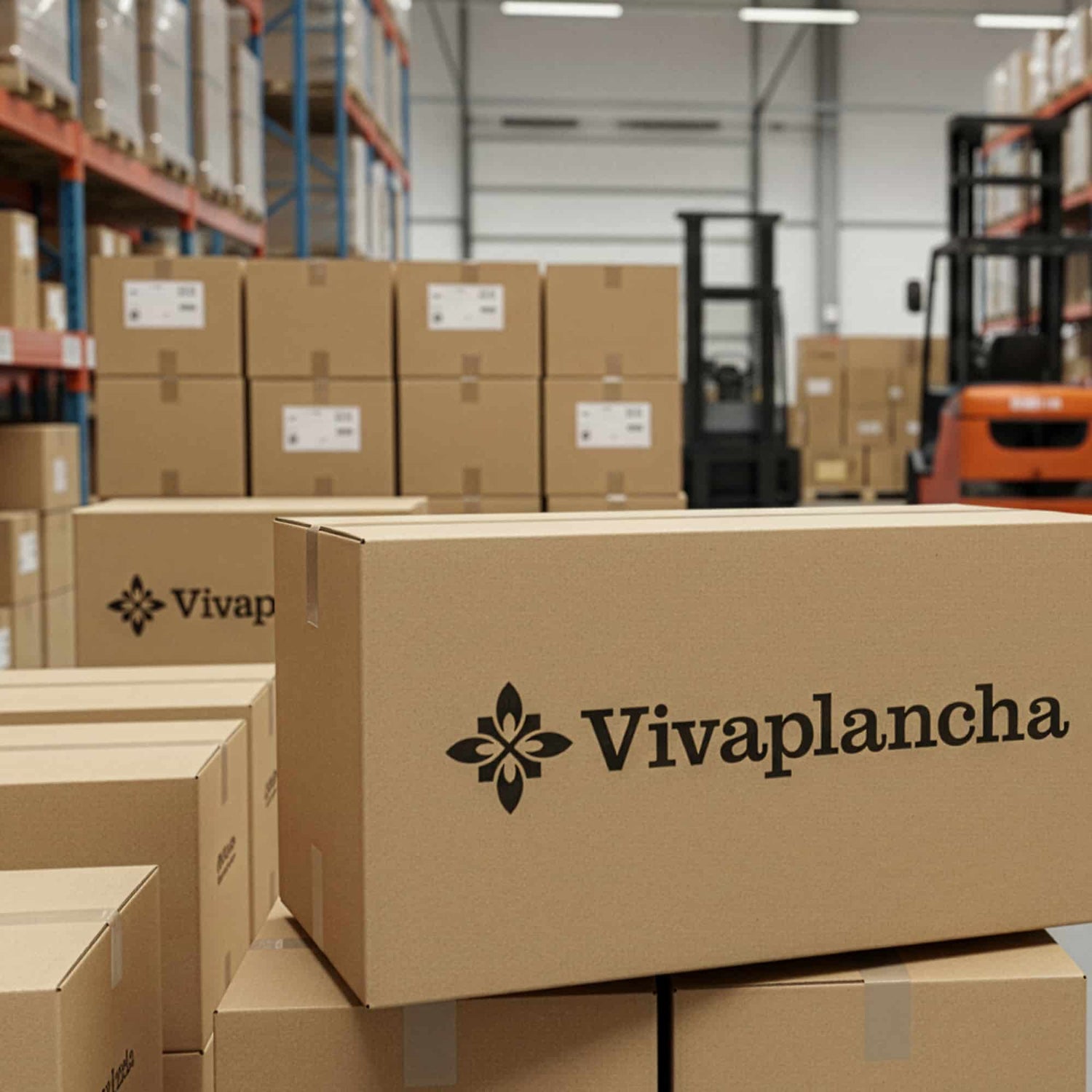 Scatole da spedizione Vivaplancha impilate in un magazzino logistico, con il logo stampato sugli imballaggi e pallet di stoccaggio sullo sfondo.