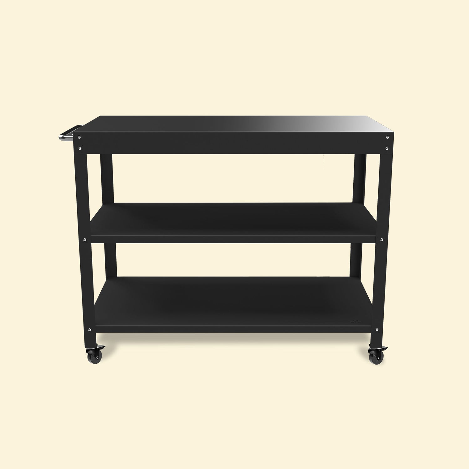Desserte de plancha électrique en métal noir avec trois niveaux de rangement et roulettes, présentée de face sur fond uni clair.