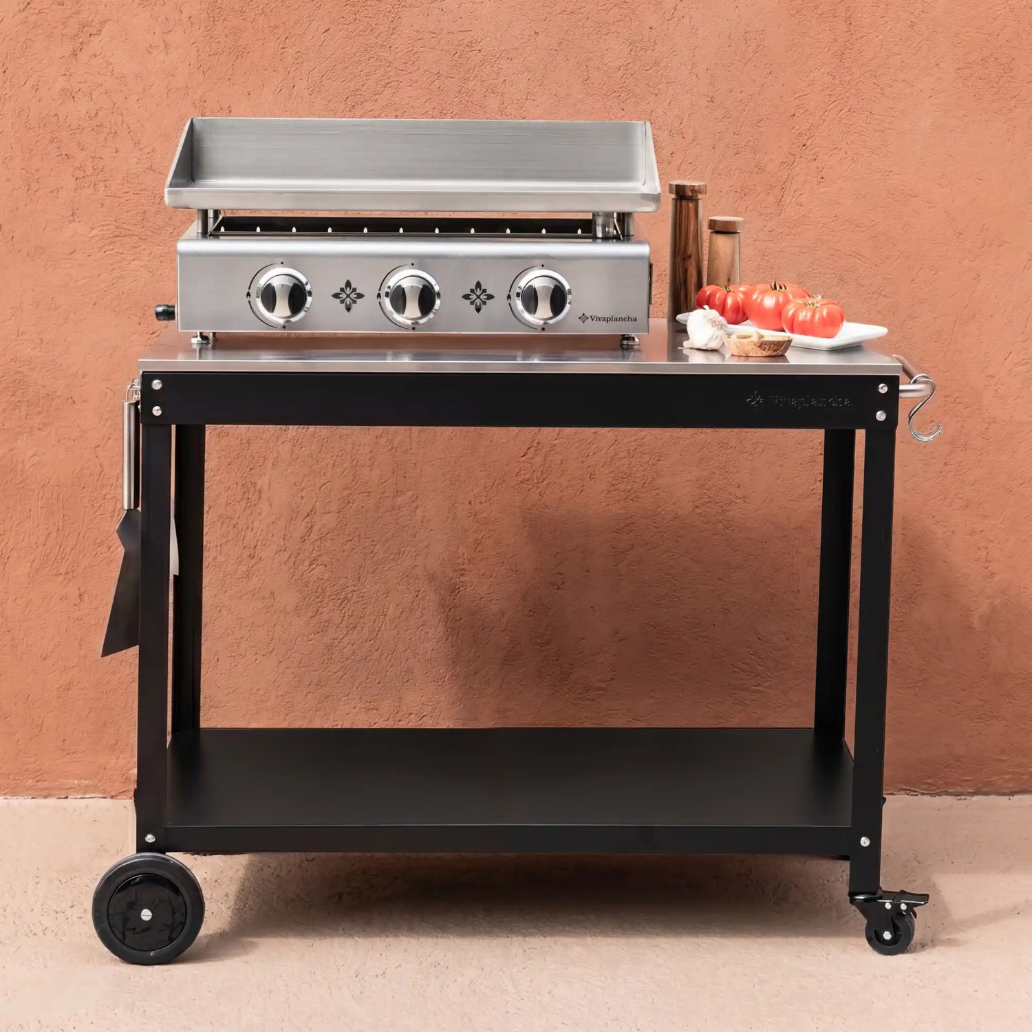 Set Plancha a gas in acciaio inox PIMIENTOS 3 bruciatori + Coperchio + Accessori + Carrello