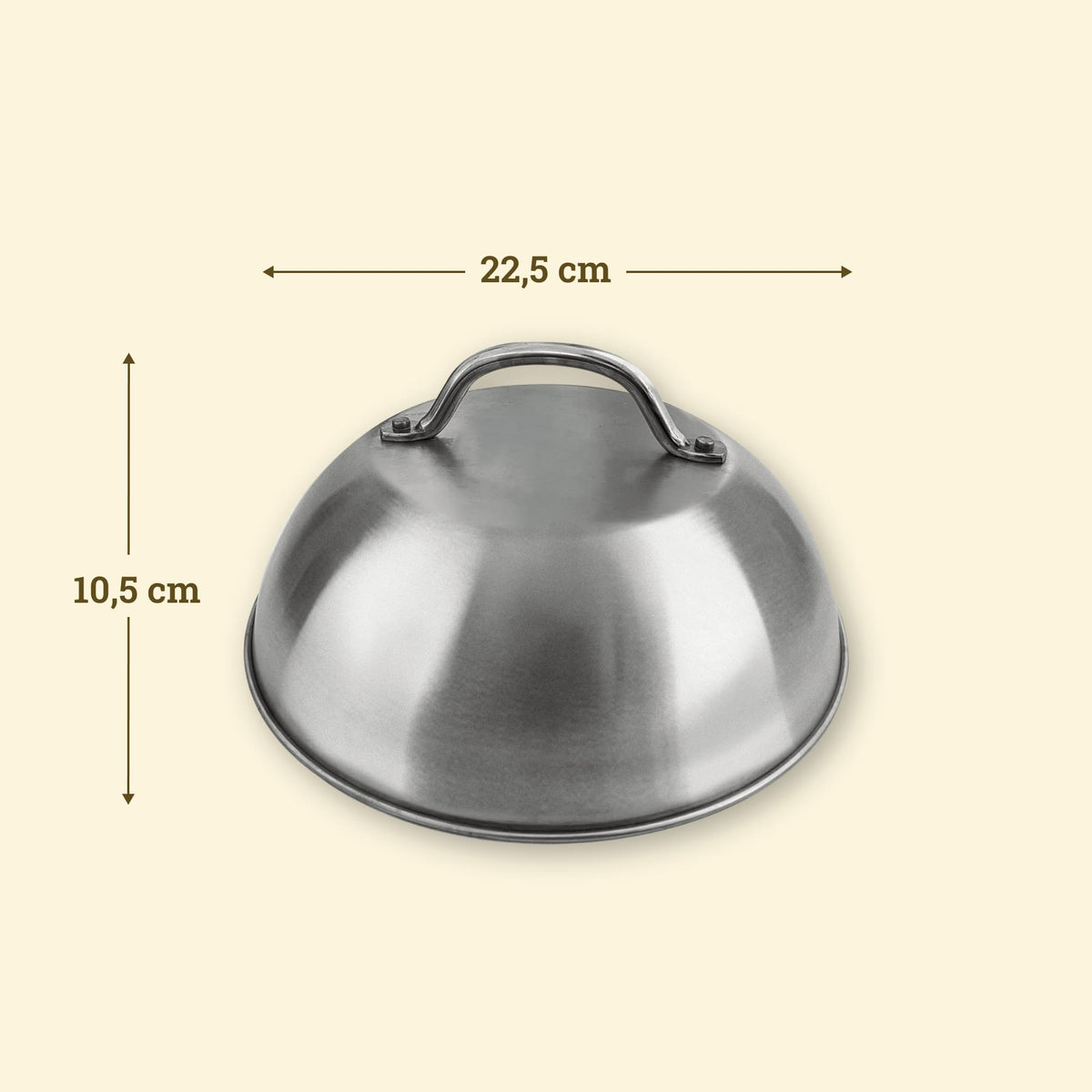 Campana di cottura in acciaio inox, diametro 22,5 cm e altezza 10,5 cm, con manico robusto sulla parte superiore.