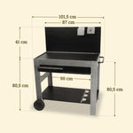 Carrello Vivaplancha in legno con alzatina da 101,5 cm, piano da 90 cm e altezza di 80,5 cm, dotato di spazi per accessori.