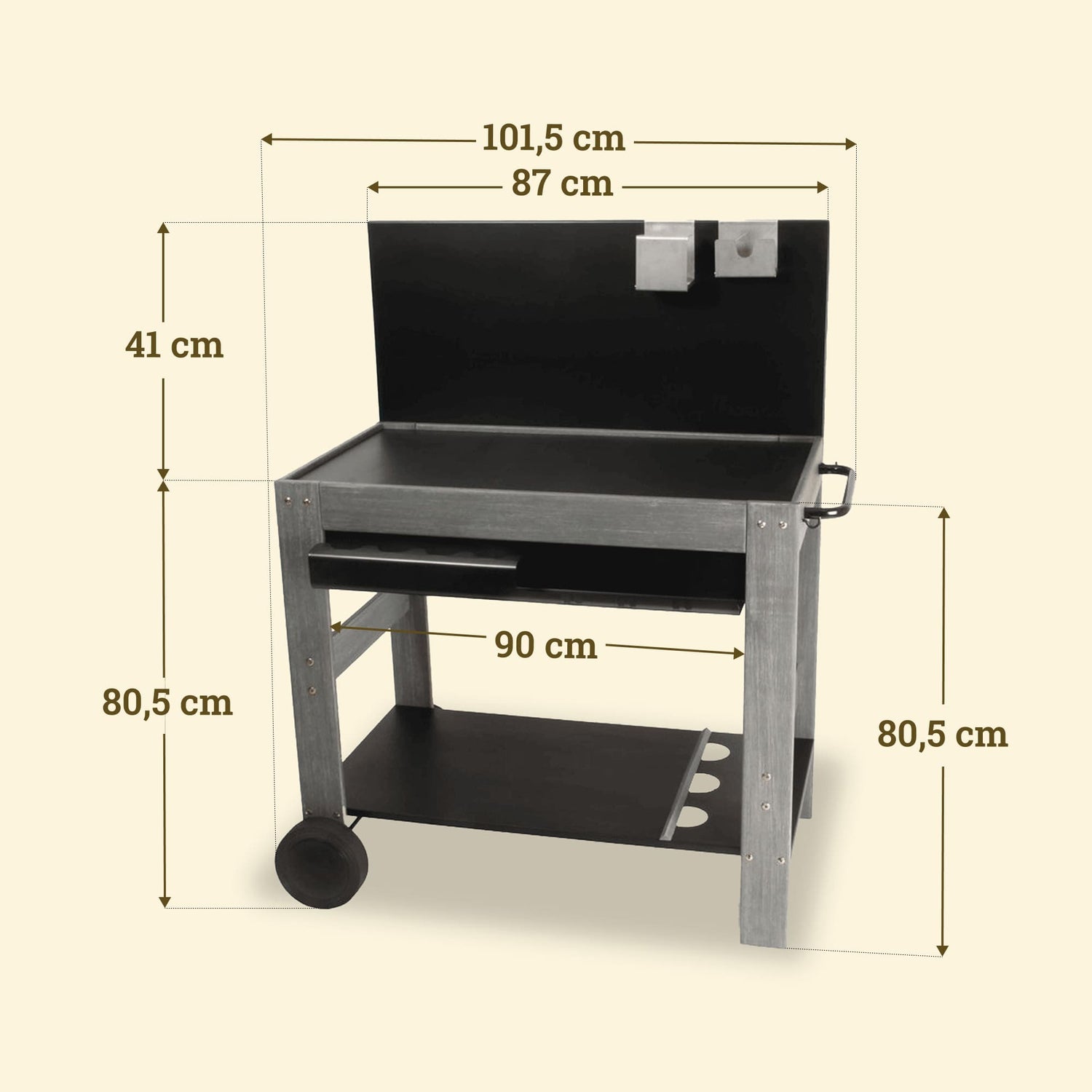 Carrello Vivaplancha in legno con alzatina da 101,5 cm, piano da 90 cm e altezza di 80,5 cm, dotato di spazi per accessori.