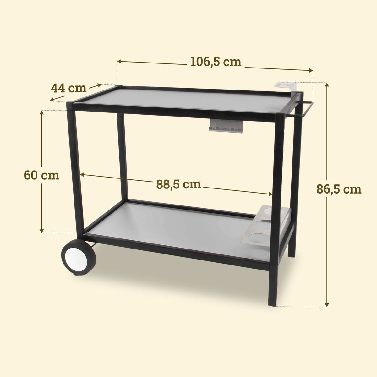 Carrello Vivaplancha in metallo con ripiani in acciaio inox, larghezza 106,5 cm, profondità 44 cm e altezza 86,5 cm.