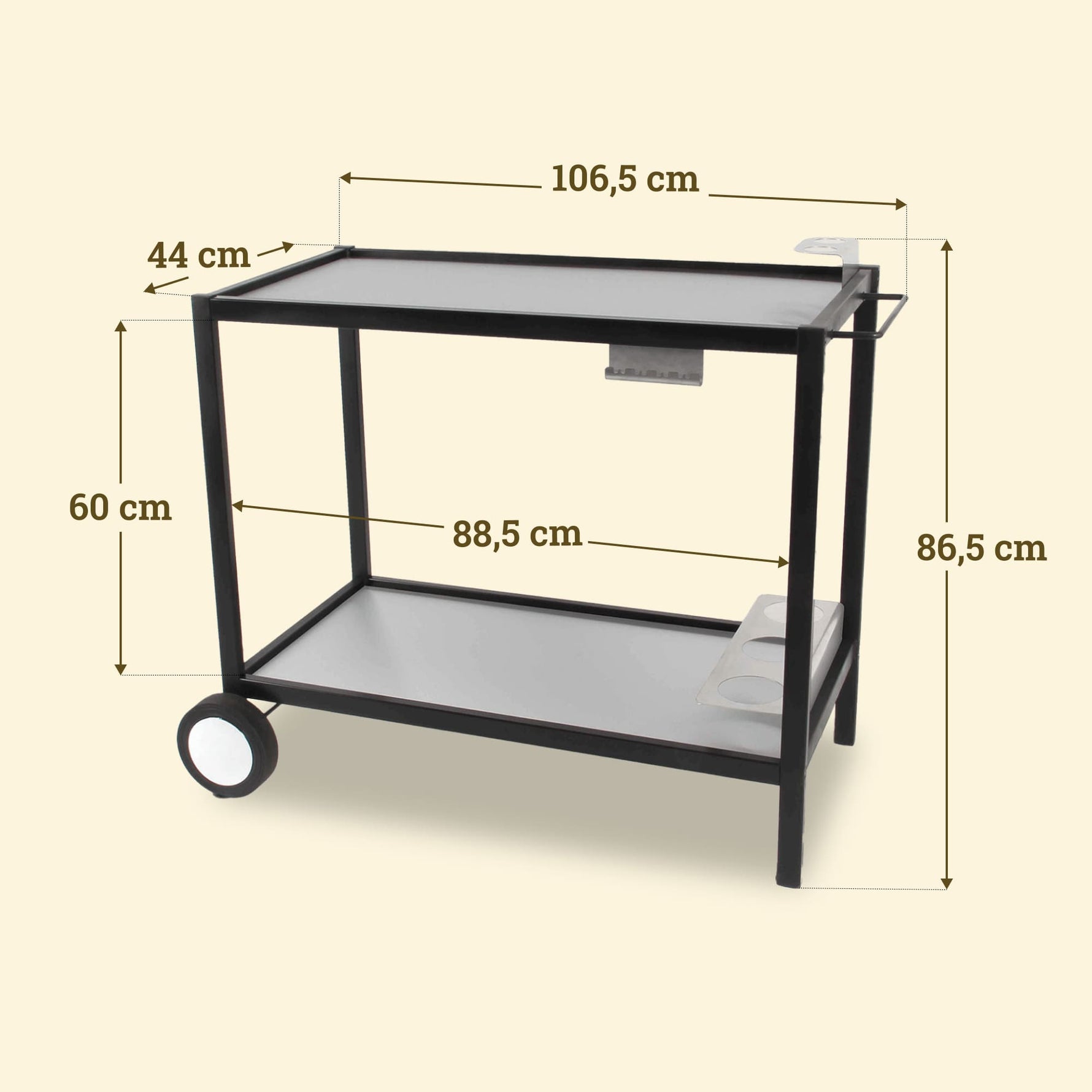 Carrello Vivaplancha in metallo con ripiani in acciaio inox, larghezza 106,5 cm, profondità 44 cm e altezza 86,5 cm.