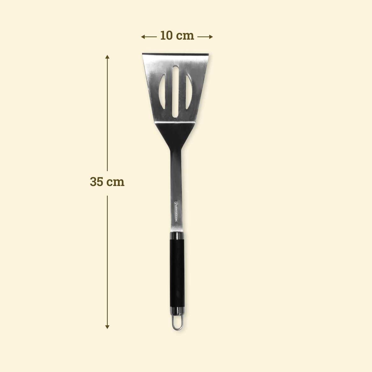 Spatule longue XL en inox de 35 cm avec tête ajourée de 10 cm, manche noir antidérapant et œillet de suspension.