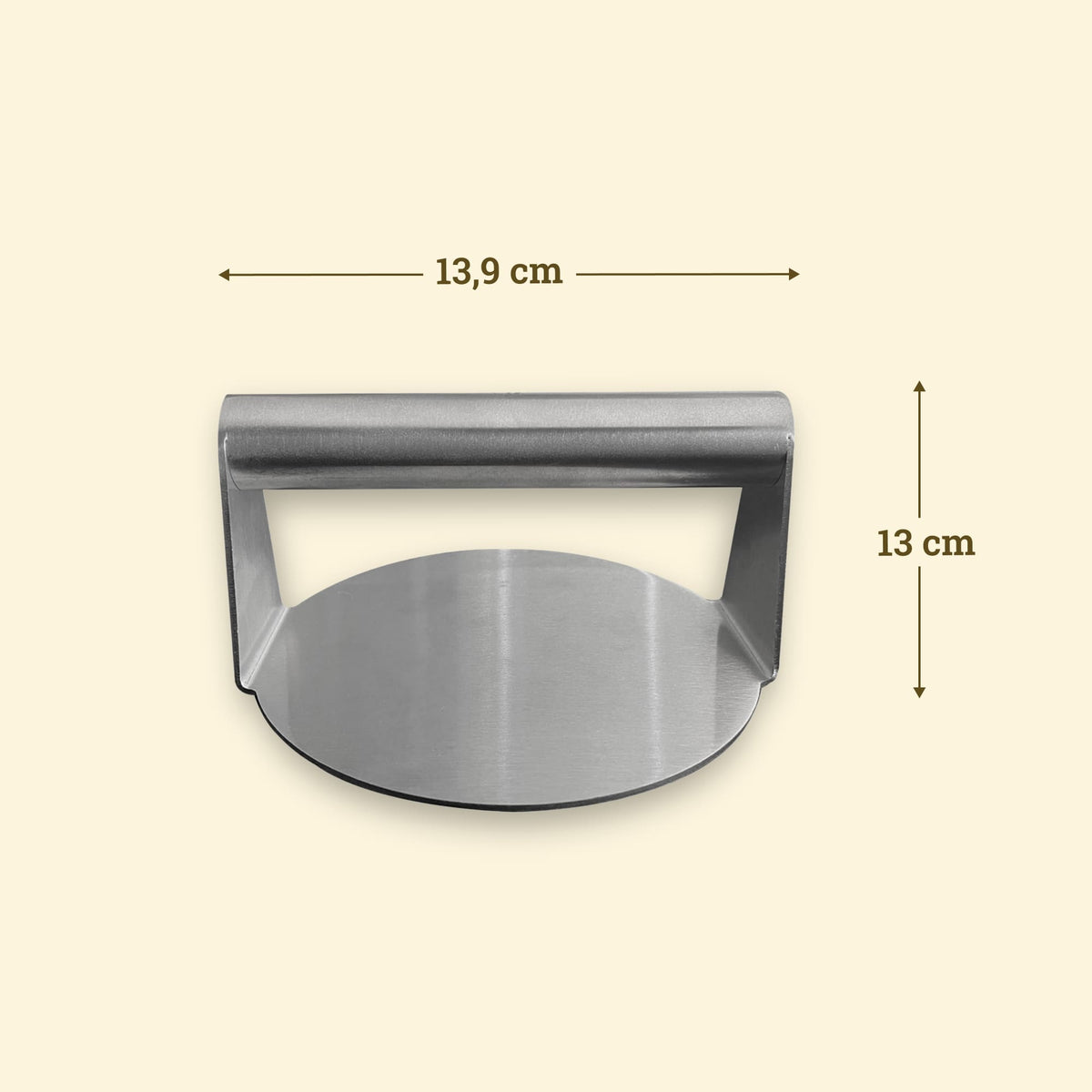 Pressa per smash burger in acciaio inox, larga 13,9 cm e alta 13 cm, con manico tubolare robusto.