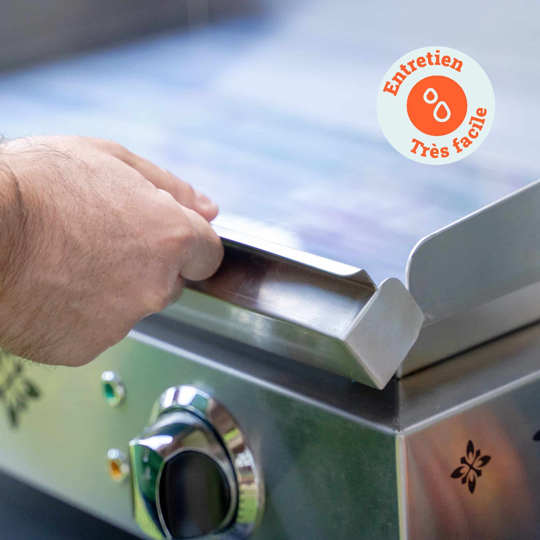 Mano che sta rimuovendo la piastra della plancha Vivaplancha per la pulizia, con un badge “Manutenzione molto facile” visualizzato in alto a destra.