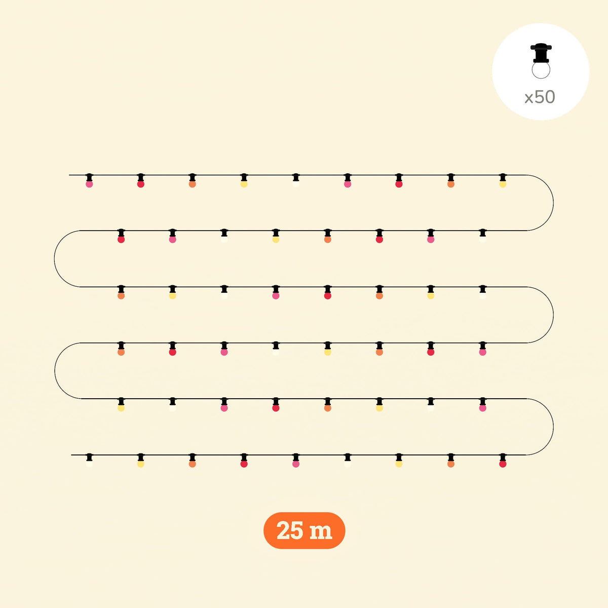 Guirlande lumineuse d’extérieur de 25 mètres avec 50 ampoules colorées sur câble noir, idéale pour une ambiance festive et chaleureuse en terrasse, jardin ou balcon.