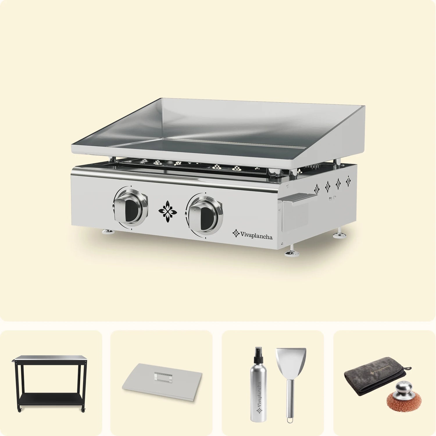 Set Plancha a gas in acciaio inox FLAMENCO 2 bruciatori + Coperchio + Accessori + Carrello