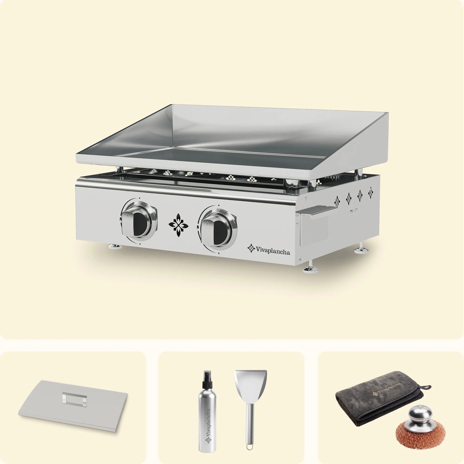 Set Plancha a gas in acciaio inox FLAMENCO 2 bruciatori + Coperchio + Accessori