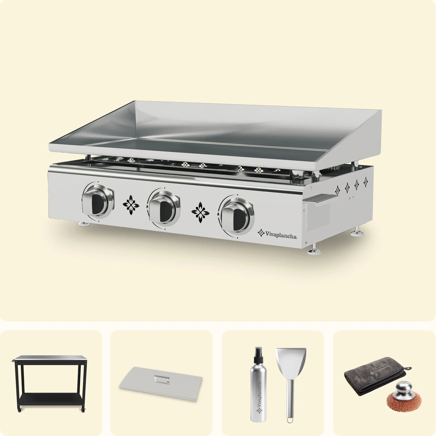 Set Plancha a gas in acciaio inox PIMIENTOS 3 bruciatori + Coperchio + Accessori + Carrello