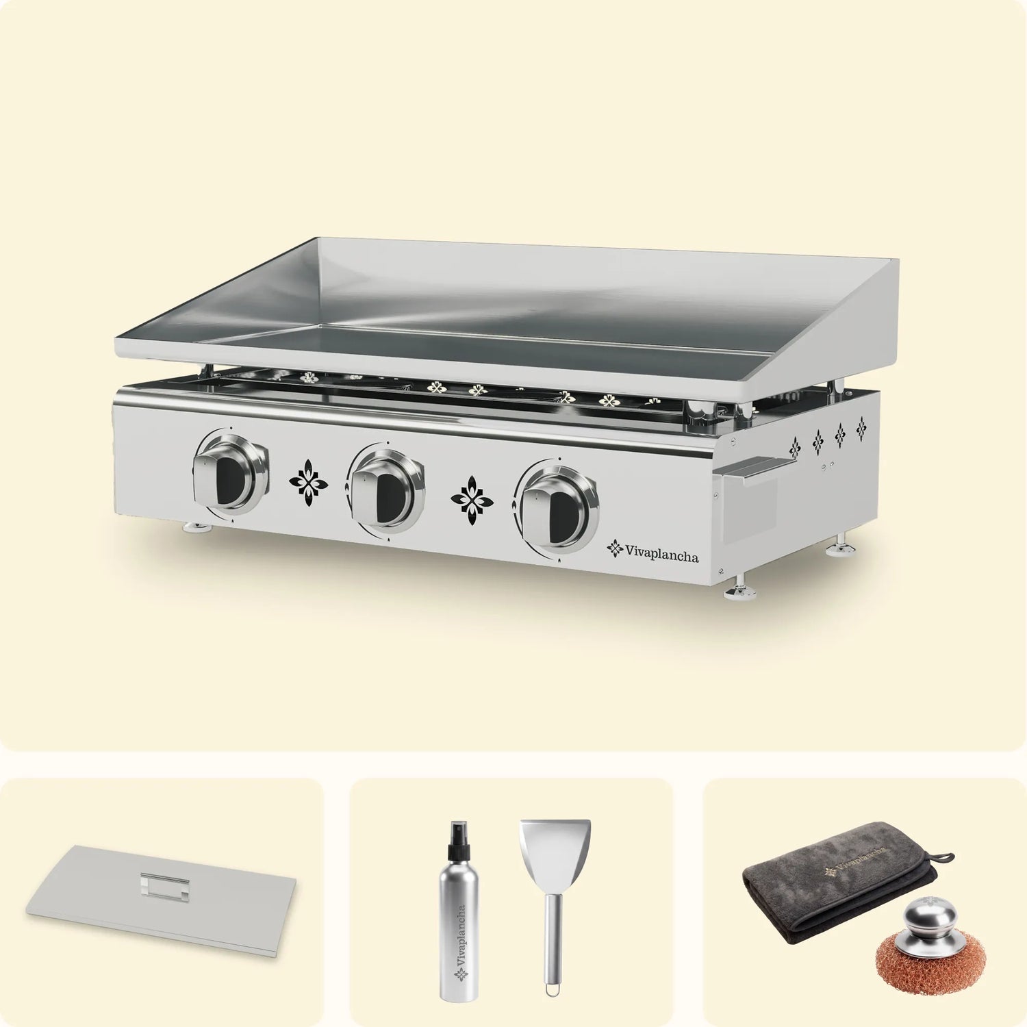 Set Plancha a gas in acciaio inox PIMIENTOS 3 bruciatori + Coperchio + Accessori
