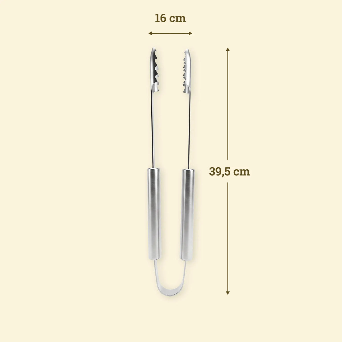 Pince en inox Vivaplancha avec dimensions de l'ustensile.