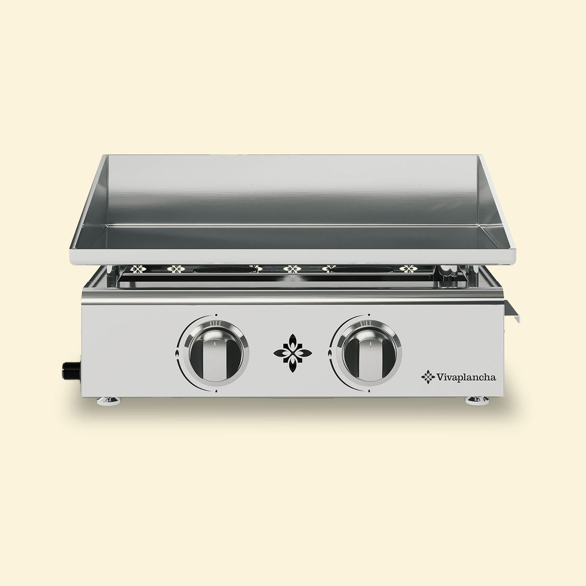 Plancha gaz Vivaplancha inox à 2 feux vue de face, avec façade brillante et plaque de cuisson en inox aux rebords élevés.