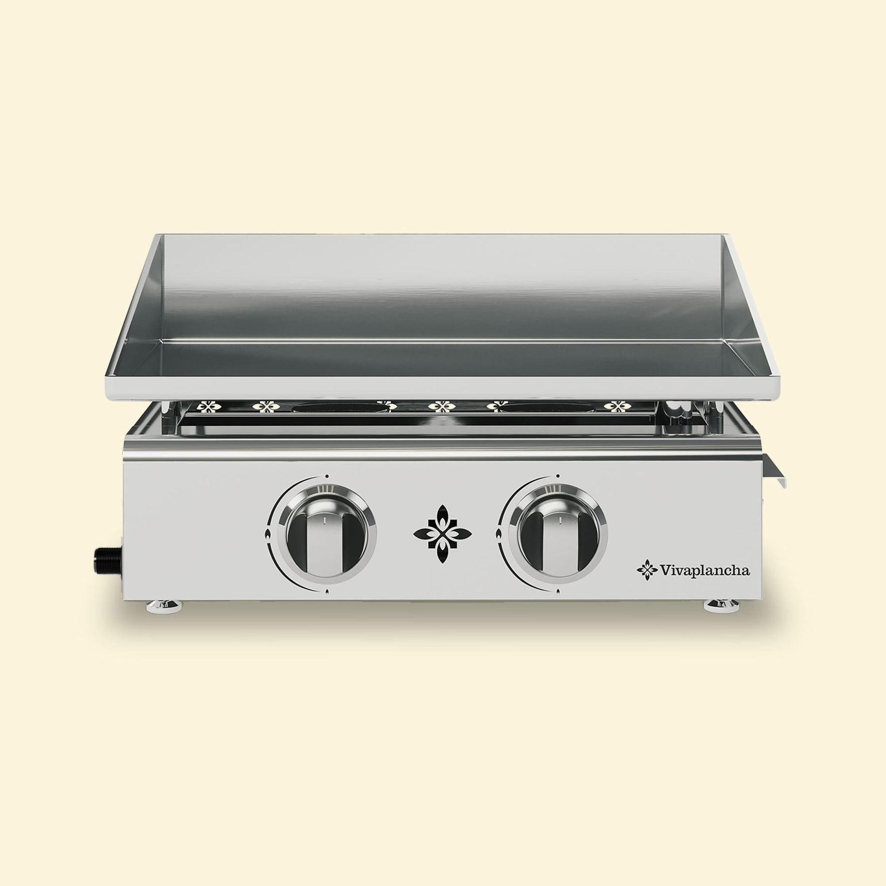 Plancha gaz Vivaplancha inox à 2 feux vue de face, avec façade brillante et plaque de cuisson en inox aux rebords élevés.